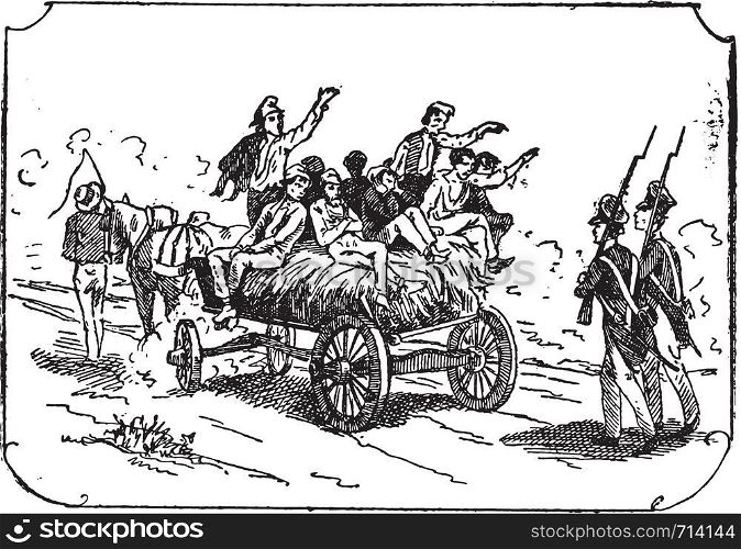 Convoy of convicts, vintage engraved illustration.