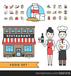 Coocking Design Concept Set . Coocking design concept with waitress and chef near restaurant building and food icons set on white background flat isolated vector illustration