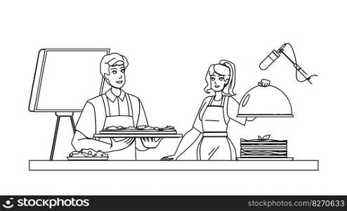 coocking show vector. kitchen chef, cuisine food, professional cook, home television, culinary coocking show character. people Illustration. coocking show vector