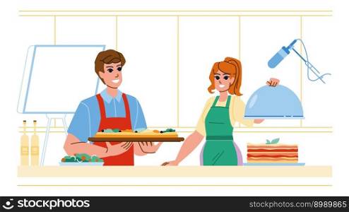 coocking show vector. kitchen chef, cuisine food, professional cook, home television, culinary coocking show character. people flat cartoon illustration. coocking show vector