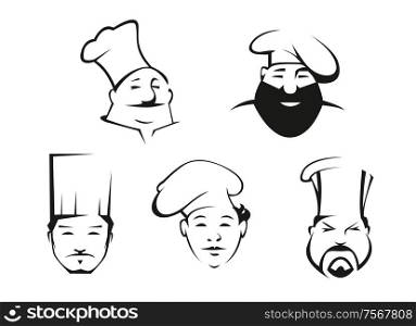 Cook and chef heads in toques with different emotions for restaurant and cafe design