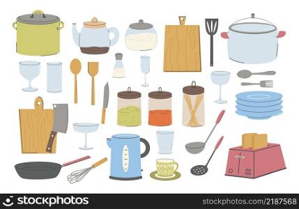 Cook appliances and accessories collection. Kitchen utensils, tools, equipment and cutlery for cooking. Flat vector illustrations of cookware objects isolated on white background.. Cook appliances and accessories collection. Kitchen utensils, tools, equipment and cutlery for cooking. Flat vector illustrations of cookware objects isolated on white background