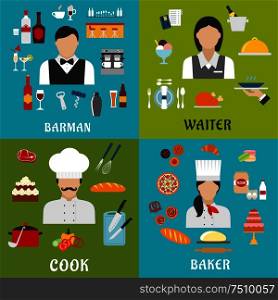 Cook, baker, waitress and barman profession flat icons with men and women, surrounded by food, drinks and kitchen utensil symbols. Cook, baker, waitress and barman professions