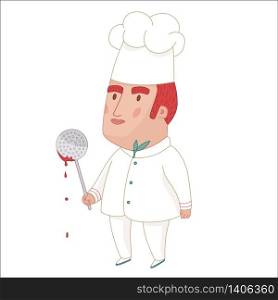 Cook, cartoon vector illustration, a middle aged red haired man wearing a chief hat, holding perforated spoon with some red sauce on it, a part of Dodo people collection. Cook, Dodo people collection