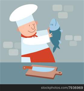 Cook cut up fresh fish. The chef in the kitchen. Food meat. Cook cut up fresh fish. chef in kitchen