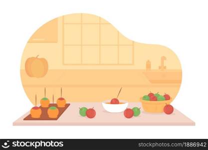 Cook festive treats 2D vector isolated illustration. Homemade apples in caramel on table. Home kitchen flat scenery on cartoon background. Autumnal desserts preparation colourful scene. Cook festive treats 2D vector isolated illustration