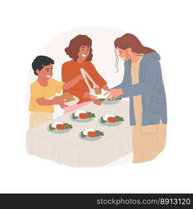 Cook food for homeless isolated cartoon vector illustration. Children cooking food for homeless together with parents, taking care of beggars, family life, personal growth vector cartoon.. Cook food for homeless isolated cartoon vector illustration.