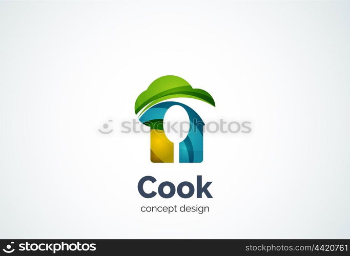 Cook hat with spoon logo template, cooking kitchen concept - geometric minimal style, created with overlapping curve elements and waves. Corporate identity emblem, abstract business company branding element