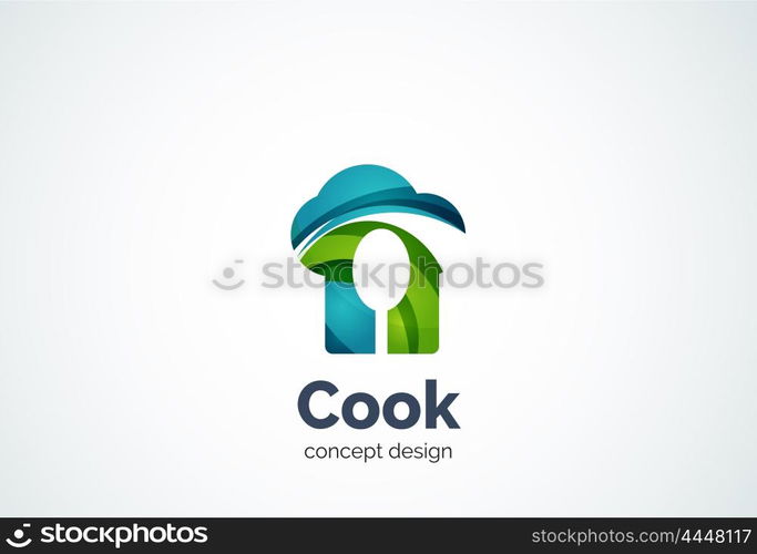 Cook hat with spoon logo template, cooking kitchen concept - geometric minimal style, created with overlapping curve elements and waves. Corporate identity emblem, abstract business company branding element