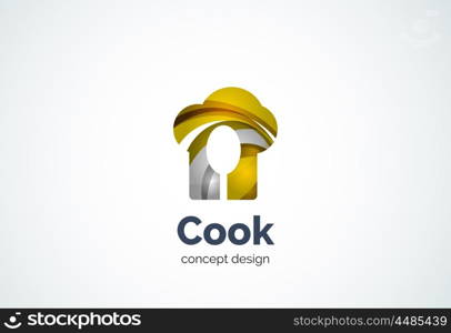 Cook hat with spoon logo template, cooking kitchen concept - geometric minimal style, created with overlapping curve elements and waves. Corporate identity emblem, abstract business company branding element