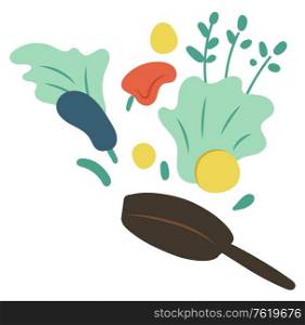 Cook hobby, frying pan with vegetables. Label decorated by bell pepper, zucchini and green, ingredients symbols, cookery decoration element, hobby vector. Frying Pen with Vegetables, Cookery Hobby Vector