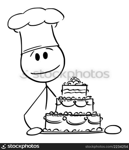 Cook holding tray with wedding or birthday cake , vector cartoon stick figure or character illustration.. Cook Holding Birthday or Wedding Cake , Vector Cartoon Stick Figure Illustration