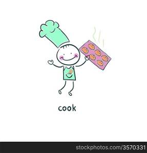 Cook holds a cookie. Illustration.