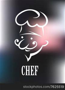 Cook icon on a shiny metallic surface with a white doodle sketch of a bearded chef in a toque above the word - Chef. Chef icon on a shiny surface