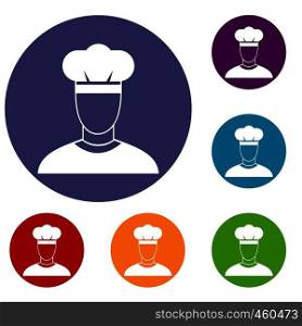 Cook icons set in flat circle reb, blue and green color for web. Cook icons set
