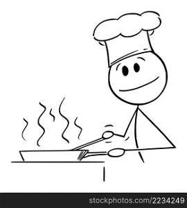 Cook in kitchen cooking food in frying pan, vector cartoon stick figure or character illustration.. Cook Cooking Food in Frying Pan, Vector Cartoon Stick Figure Illustration