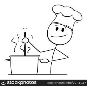 Cook in kitchen cooking food in pot, vector cartoon stick figure or character illustration.. Cook Cooking Food in Pot , Vector Cartoon Stick Figure Illustration