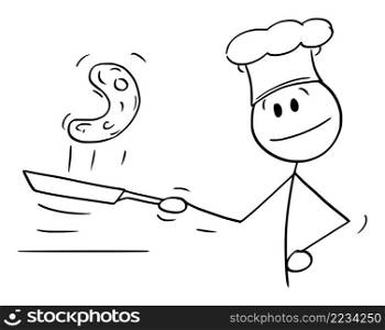 Cook in kitchen cooking pancake food in frying pan, vector cartoon stick figure or character illustration.. Cook Cooking Pancake in Frying Pan, Vector Cartoon Stick Figure Illustration