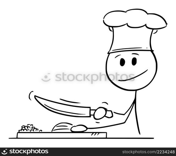 Cook in kitchen cutting vegetable with knife and cooking food, vector cartoon stick figure or character illustration.. Cook Cutting with Knife and Cooking Food , Vector Cartoon Stick Figure Illustration