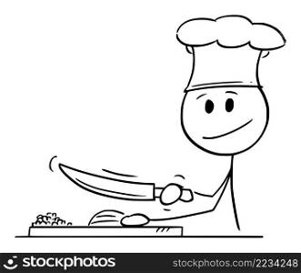 Cook in kitchen cutting vegetable with knife and cooking food, vector cartoon stick figure or character illustration.. Cook Cutting with Knife and Cooking Food , Vector Cartoon Stick Figure Illustration
