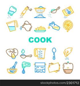 Cook Instruction For Prepare Food Icons Set Vector. Pepper And Salt, Milk And Sugar Add, Adding Olive Oil And Water In Dish, Lemon Juice And Spice Cook Instruction Line. Color Illustrations. Cook Instruction For Prepare Food Icons Set Vector