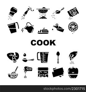 Cook Instruction For Prepare Food Icons Set Vector. Pepper And Salt, Milk And Sugar Add, Adding Olive Oil And Water In Dish, Lemon Juice And Spice Cook Instruction Glyph Pictograms Black Illustrations. Cook Instruction For Prepare Food Icons Set Vector