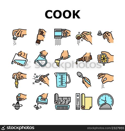 Cook Instruction For Prepare Meal Icons Set Vector. Butter And Milk Add, Salt And Pepper Flavoring, Beater Whisk And Mixer Device Beating, Adding Lemon Juice And Egg Color Illustrations. Cook Instruction For Prepare Meal Icons Set Vector