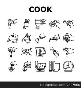 Cook Instruction For Prepare Meal Icons Set Vector. Butter And Milk Add, Salt And Pepper Flavoring, Beater Whisk And Mixer Device Beating, Adding Lemon Juice And Egg Black Contour Illustrations. Cook Instruction For Prepare Meal Icons Set Vector