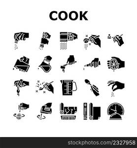 Cook Instruction For Prepare Meal Icons Set Vector. Butter Milk Add, Salt And Pepper Flavoring, Beater Whisk And Mixer Device Beating, Adding Lemon Juice Egg Glyph Pictograms Black Illustrations. Cook Instruction For Prepare Meal Icons Set Vector