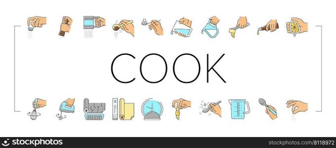 Cook Instruction For Prepare Meal Icons Set Vector. Butter And Milk Add, Salt And Pepper Flavoring, Beater Whisk And Mixer Device Beating, Adding Lemon Juice And Egg Color Illustrations. Cook Instruction For Prepare Meal Icons Set Vector