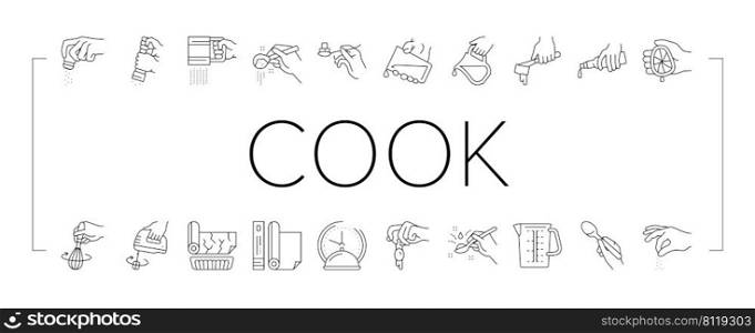 Cook Instruction For Prepare Meal Icons Set Vector. Butter And Milk Add, Salt And Pepper Flavoring, Beater Whisk And Mixer Device Beating, Adding Lemon Juice And Egg Black Contour Illustrations. Cook Instruction For Prepare Meal Icons Set Vector