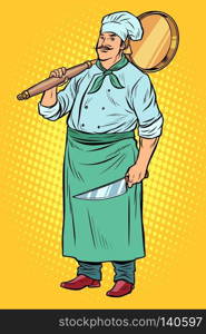 Cook is preparing to make pizza. Pop art retro vector illustration vintage kitsch. pop art Cook is preparing to make pizza