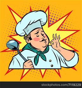 cook ok gesture, gourmet food taste. Comic cartoon pop art retro vector drawing illustration. pop art retro cook ok gesture, gourmet food taste