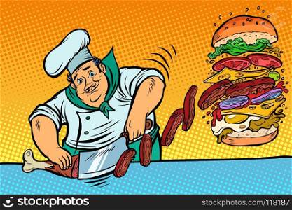 Cook prepares Burger. Fast food restaurant. Cook prepares Burger. Fast food restaurant. Comic cartoon pop art retro illustration vector drawing. Cook prepares Burger. Fast food restaurant