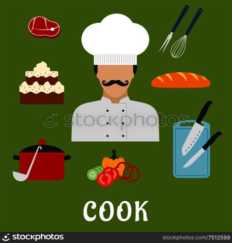 Cook profession flat icons with man in chef hat and tunic, bread, beef steak, pot with ladle, tiered cake, sliced fresh vegetables, chopping board with knives, whisk and fork. Cook with food and dishes. Flat icons