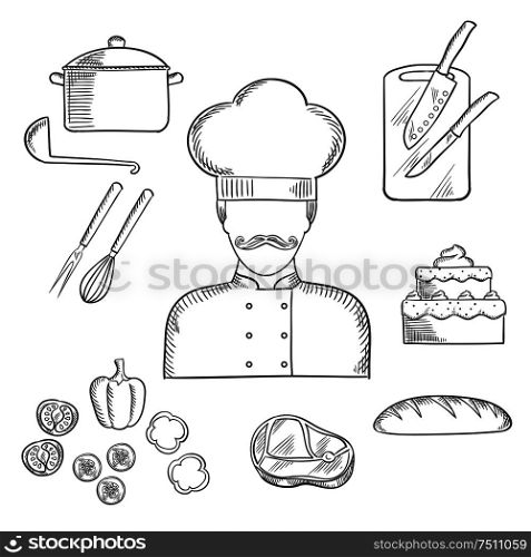 Cook profession hand drawn design with sketch of man in chef hat and tunic with bread, beef steak, pot with ladle, tiered cake, sliced fresh vegetables, chopping board with knives, whisk and fork. Cook or baker profession hand drawn elements