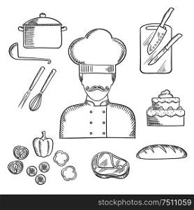 Cook profession hand drawn design with sketch of man in chef hat and tunic with bread, beef steak, pot with ladle, tiered cake, sliced fresh vegetables, chopping board with knives, whisk and fork. Cook or baker profession hand drawn elements