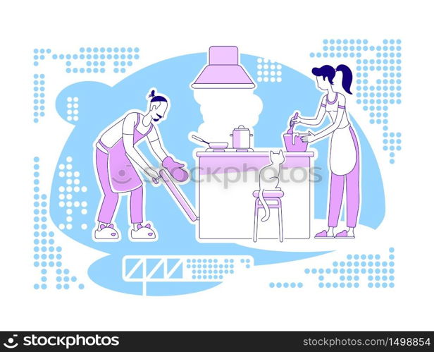 Cook together flat silhouette vector illustration. Man and woman in kitchen prepare meal. Culinary and cookery. Couple outline characters on blue background. Family activity simple style drawing. Cook together flat silhouette vector illustration