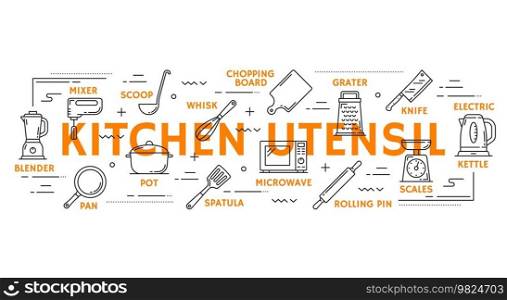 Cook utensil icons and infographics. Cooking accessory and equipment outline vector banner with blender, rolling pin, chopping board, microwave and pan, electric kettle, scales, mixer line pictograms. Cook utensils outline icons and infographics