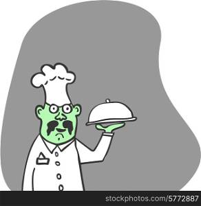 cook with green skin, is a tray of food. vector background