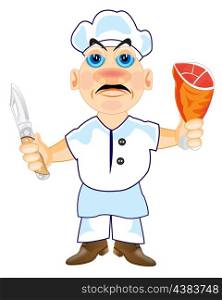 Cook with knife and ham in hand. Cartoon of the cook on white background is insulated