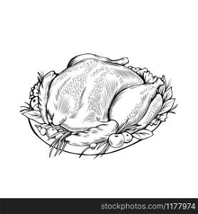 Cooked chicken hand drawn vector illustration. Autumn season holiday, thanksgiving day, festive dinner thin line symbol. Baked turkey with garnish monochrome drawing. Traditional homemade dish. Cooked chicken coloring book vector illustration