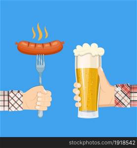 Cooked hot fried sausage on fork and lager glass beer in hand of man. Invitation card on barbecue. BBQ party poster. Vector illustration in flat style. Vector illustration in flat style. sausage on fork and lager glass beer in hand