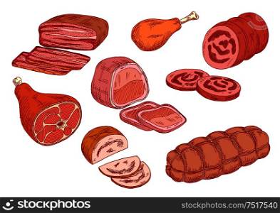 Cooked meat delicatessen sketches with smoked pork ham, sticks of bologna and mortadella sausages, fried chicken leg, baked pork and beef tenderloins. Use as recipe book or butchery shop symbol design . Sausages, ham and baked meat sketch icons