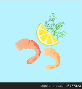 Cooked Shrimp Vector Flat Design Illustration. Cooked shrimp vector pattern. Flat style design. Fresh sea shrimp concept. Seafood illustration for packaging, logos. Healthy eating marine products. Bright red shrimp with lemon on blue background.