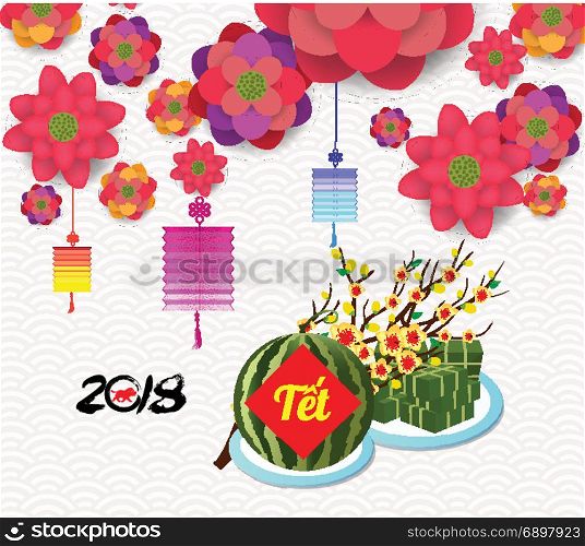 Cooked square glutinous rice cake and blossom, Vietnamese new year. Translation T?t Lunar new year