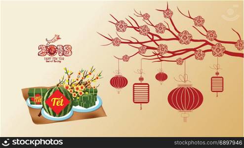 Cooked square glutinous rice cake and blossom, wallpapers. Vietnamese new year. Translation T?t Lunar new year