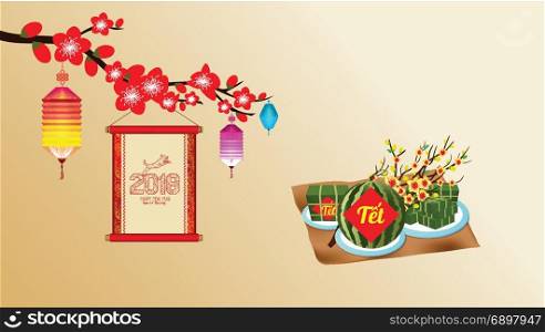 Cooked square glutinous rice cake and blossom, wallpapers. Vietnamese new year. Translation T?t Lunar new year