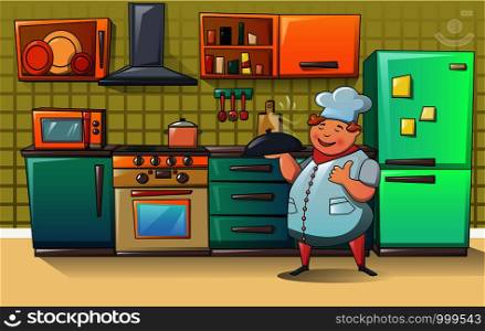 Cooker chef on kitchen character banner concept. Cartoon illustration of cooker chef on kitchen character vector banner concept for web. Cooker chef character banner, cartoon style