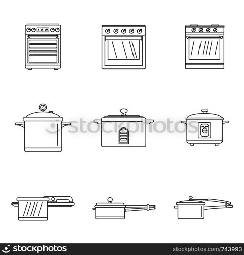 Cooker oven stove pan burner icons set. Outline illustration of 9 cooker oven stove pan burner vector icons for web. Cooker oven stove pan icons set outline style